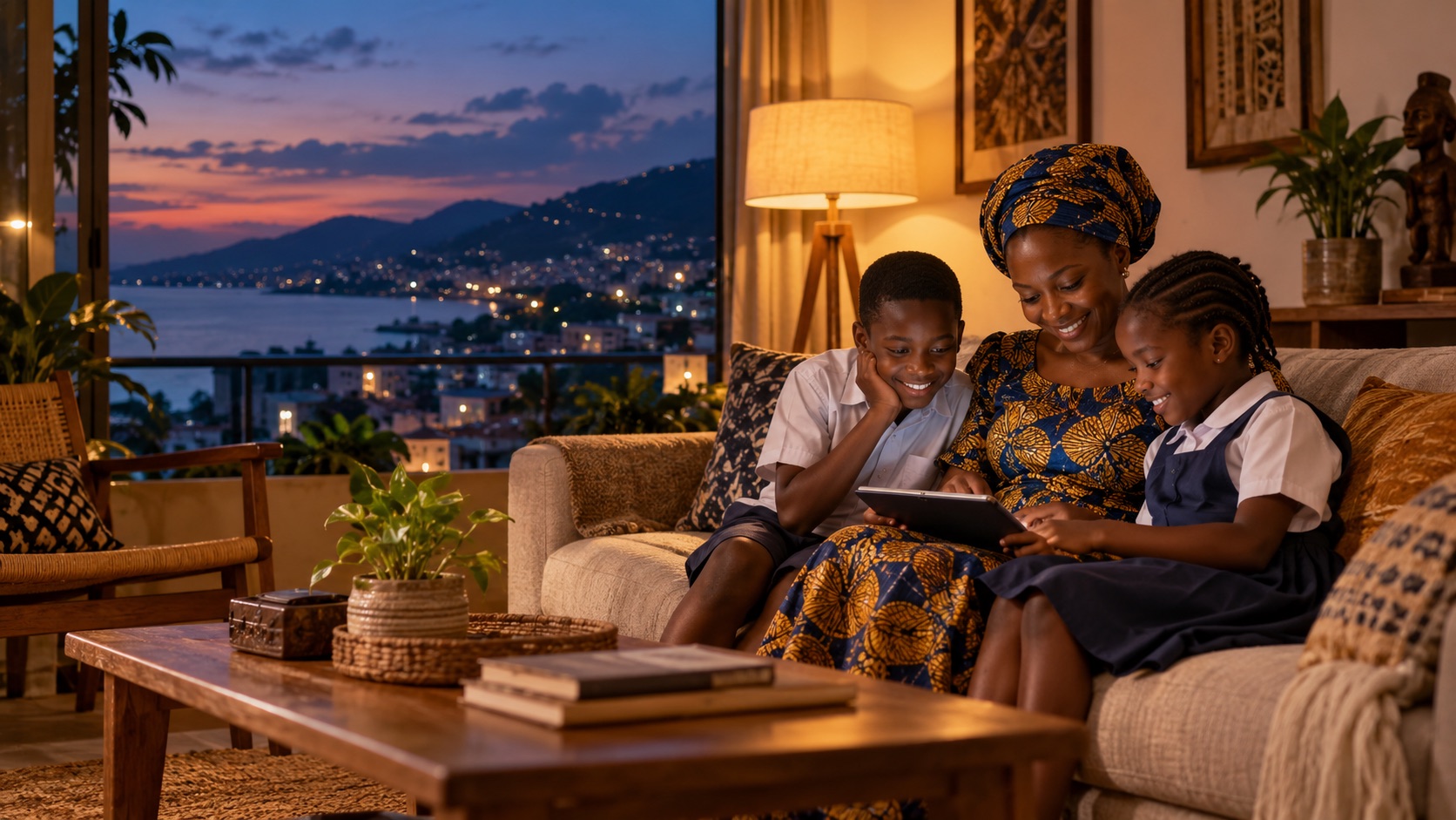 A family at home with the lights on at dusk